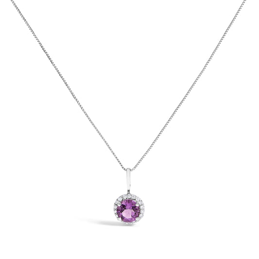 10K White Gold Purple Amethyst and 1/10 Cttw Diamond Accent Halo Pendant Necklace