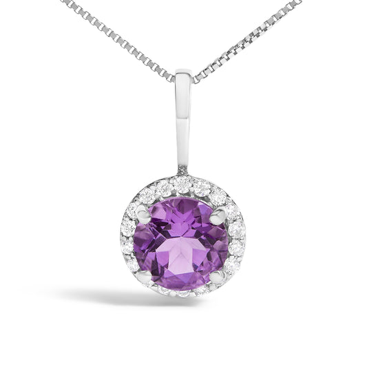 10K White Gold Purple Amethyst and 1/10 Cttw Diamond Accent Halo Pendant Necklace