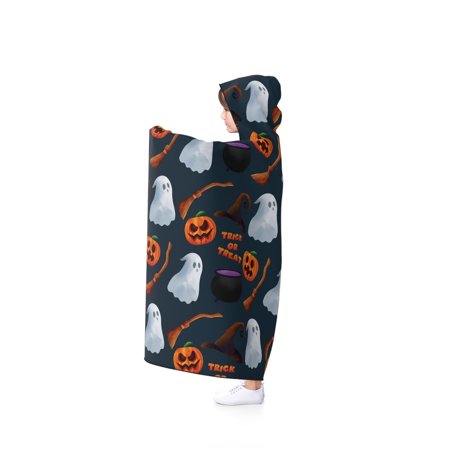 Halloween Trick or Treat Ghosts Witch Hats Jack o Lanterns Hooded Blanket