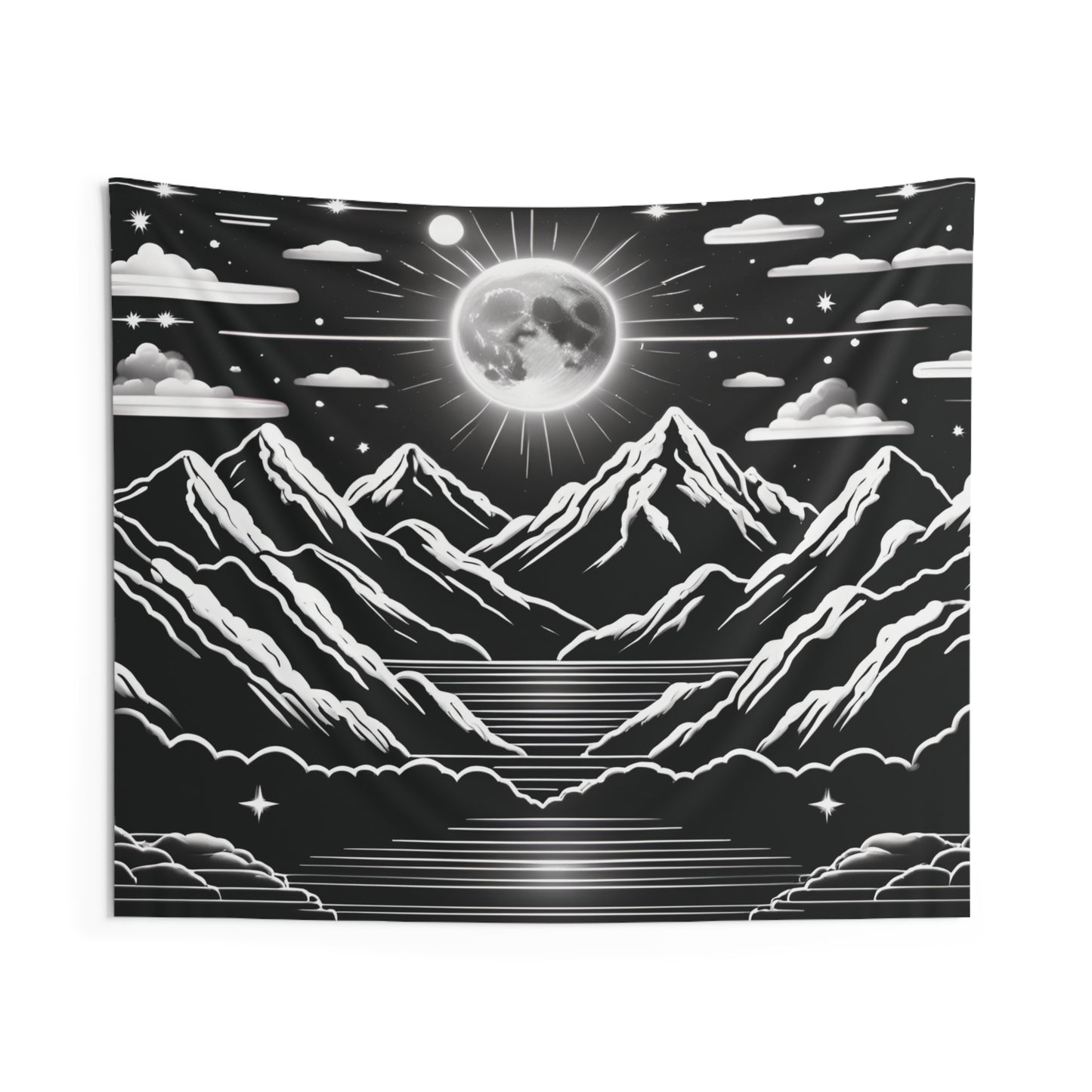 Mesmerizing Mountain Moonlight: Indoor Tapestry with Full Moon and Majestic Mountains