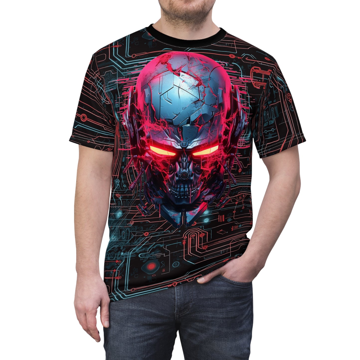 CyberPunk Cybernetic Skull breaking through a Red and Blue Neon Circuit Board Unisex Cut & Sew Tee (AOP)