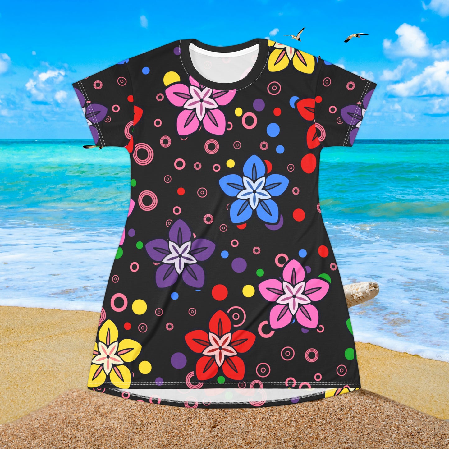 Retro Colorful Flowers Feeling Groovy All Over  T-Shirt Dress (AOP)