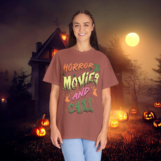 Horror Movies and Chill Halloween Unisex Garment-Dyed T-shirt Gifts for Him Gifts for Her