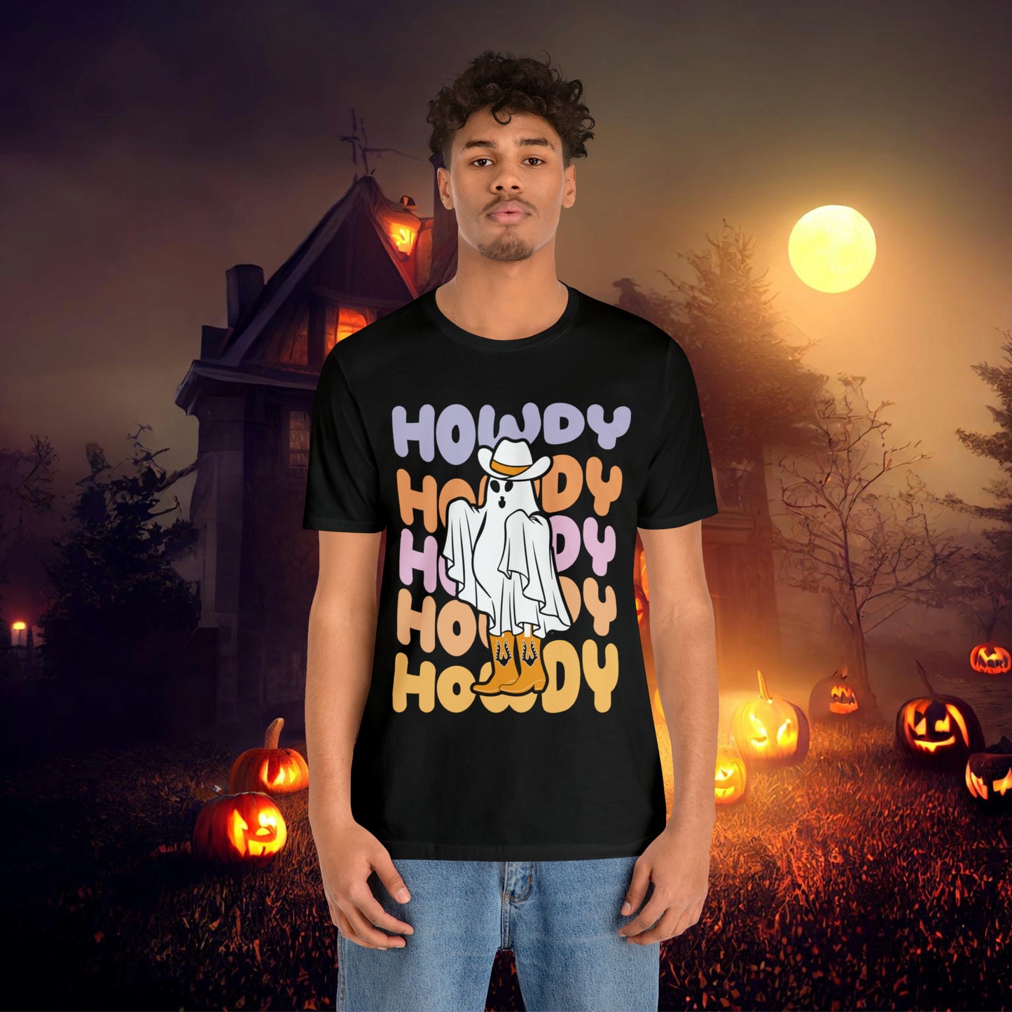 Cowboy Ghost Howdy Retro Halloween Unisex Jersey Short Sleeve Tee Gifts for Him Gifts For Her