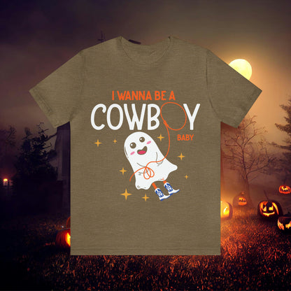 Little Ghost Saying I wanna be a cowboy baby Retro Groovy Western Halloween Unisex Jersey Short Sleeve Tee Gifts for Him Gifts for her.