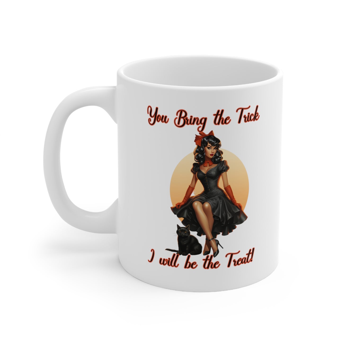 Vintage Pinup Witch: Sip Your Spells in Style "You bring the Trick I will be the Treat" Halloween Ceramic 11oz Mug gifts for her