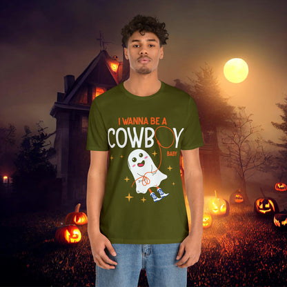 Little Ghost Saying I wanna be a cowboy baby Retro Groovy Western Halloween Unisex Jersey Short Sleeve Tee Gifts for Him Gifts for her.