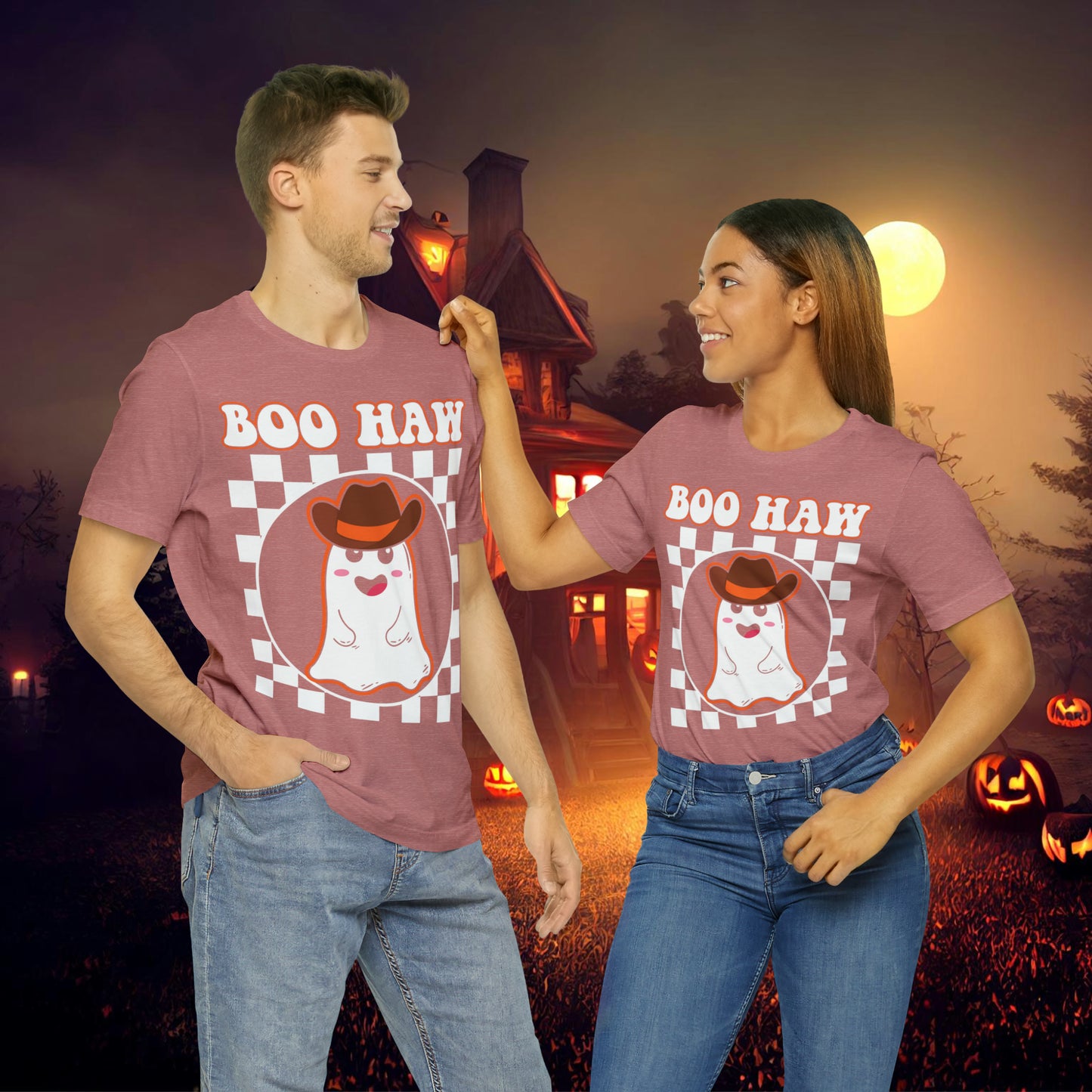 Cute Cowboy Ghost Saying Boo Haw Retro Groovy Western Halloween Unisex Jersey Short Sleeve Tee Gifts for Him Gifts For Her