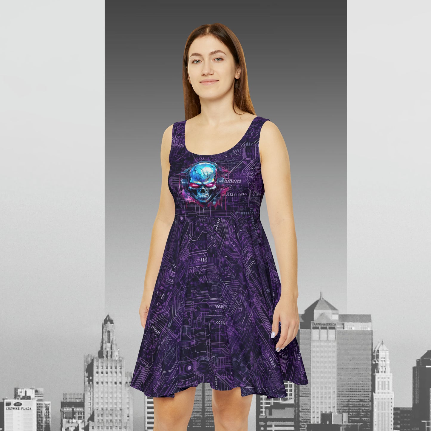 CyberPunk Cybernetic Skull breaking through a Purple Neon Circuit Board Women's Skater Dress (AOP)