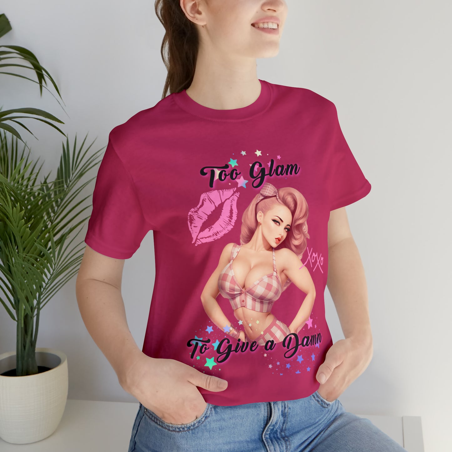 Vintage Pink Pinup Girl "Too Glam To Give a D*mn" on a Bella+Canva 3001 Unisex Jersey T-Shirt - A Must-Have Gift for her