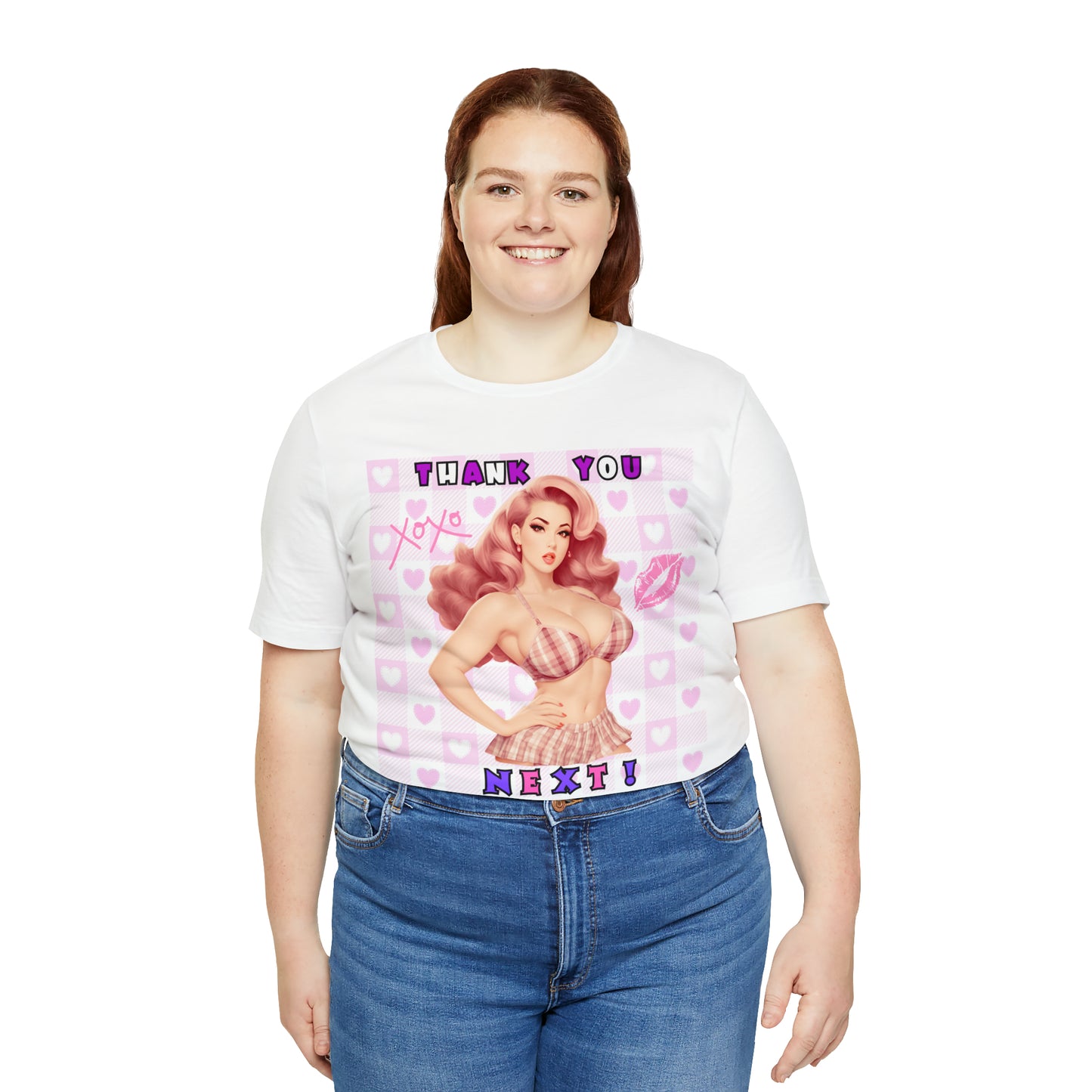 Timeless Elegance: Vintage Pink Pinup Girl "Thank You Next" on a Bella+Canva 3001 Unisex Jersey T-Shirt - A Must-Have Gift for her