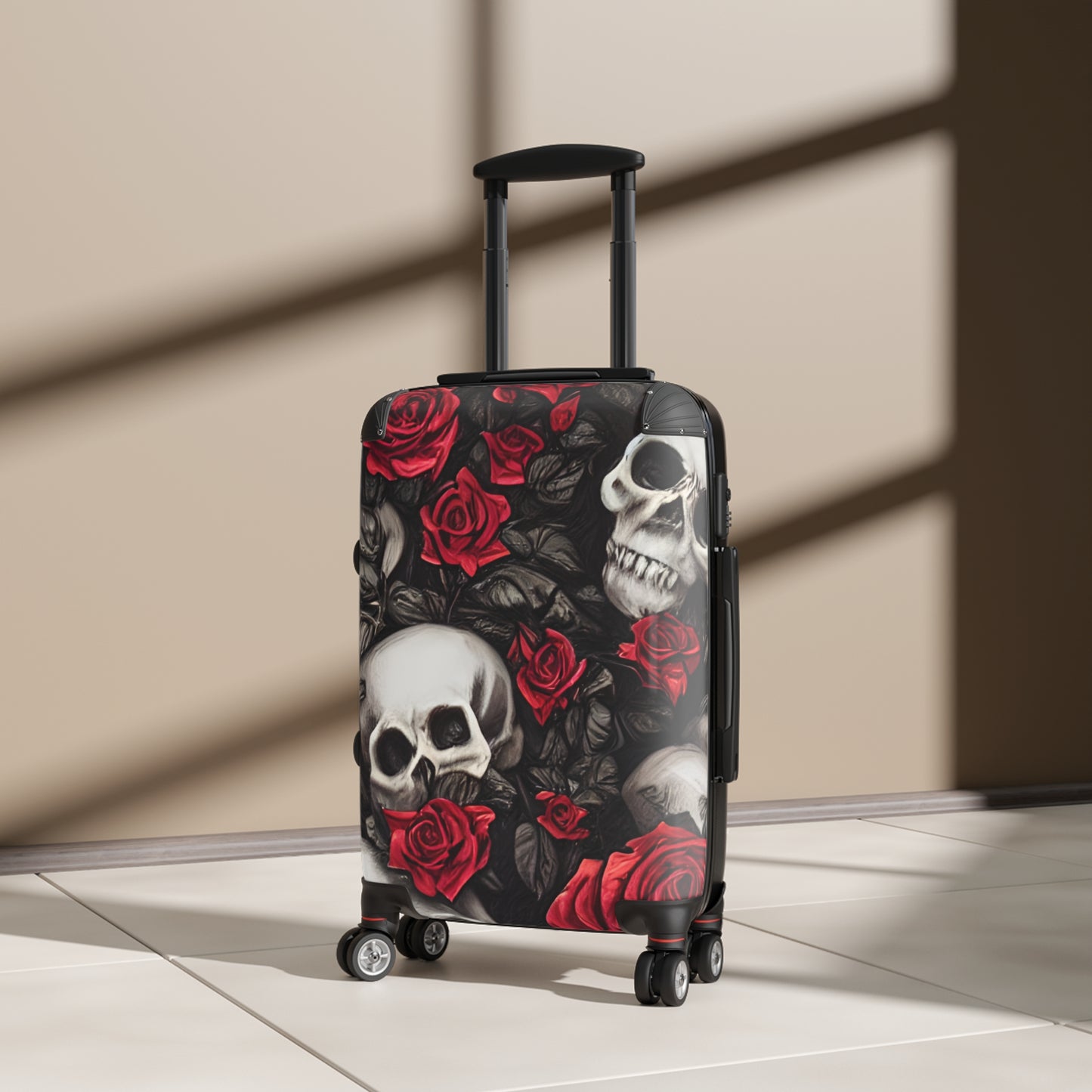 Hyper Realistic Skulls and Red Roses by artist Anne-Laure Goupil Suitcase