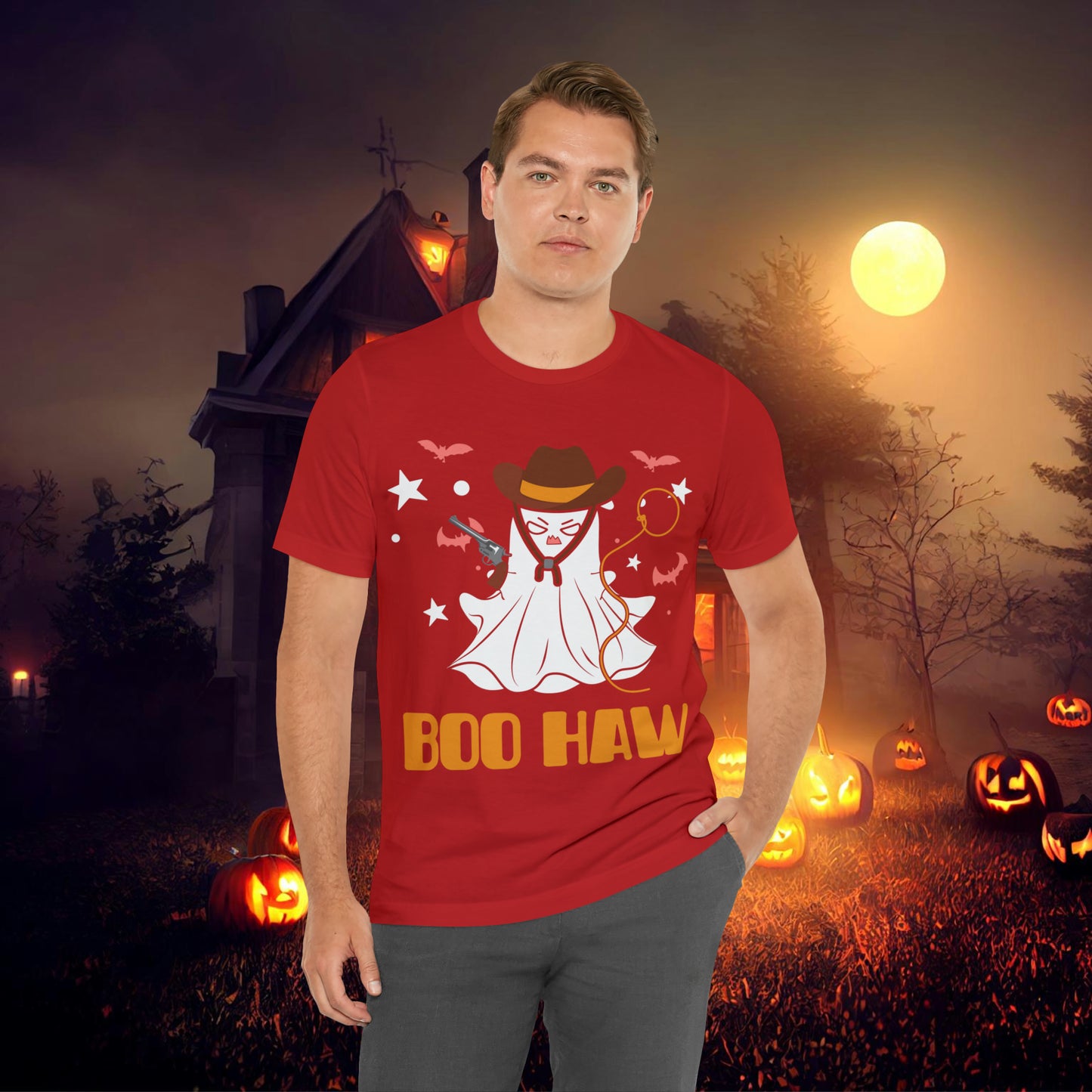 Ghost Cowboy Gunslinger saying Boo Haw Retro Western Halloween Unisex Jersey Short Sleeve Tee Gifts for Her Gifts for Him