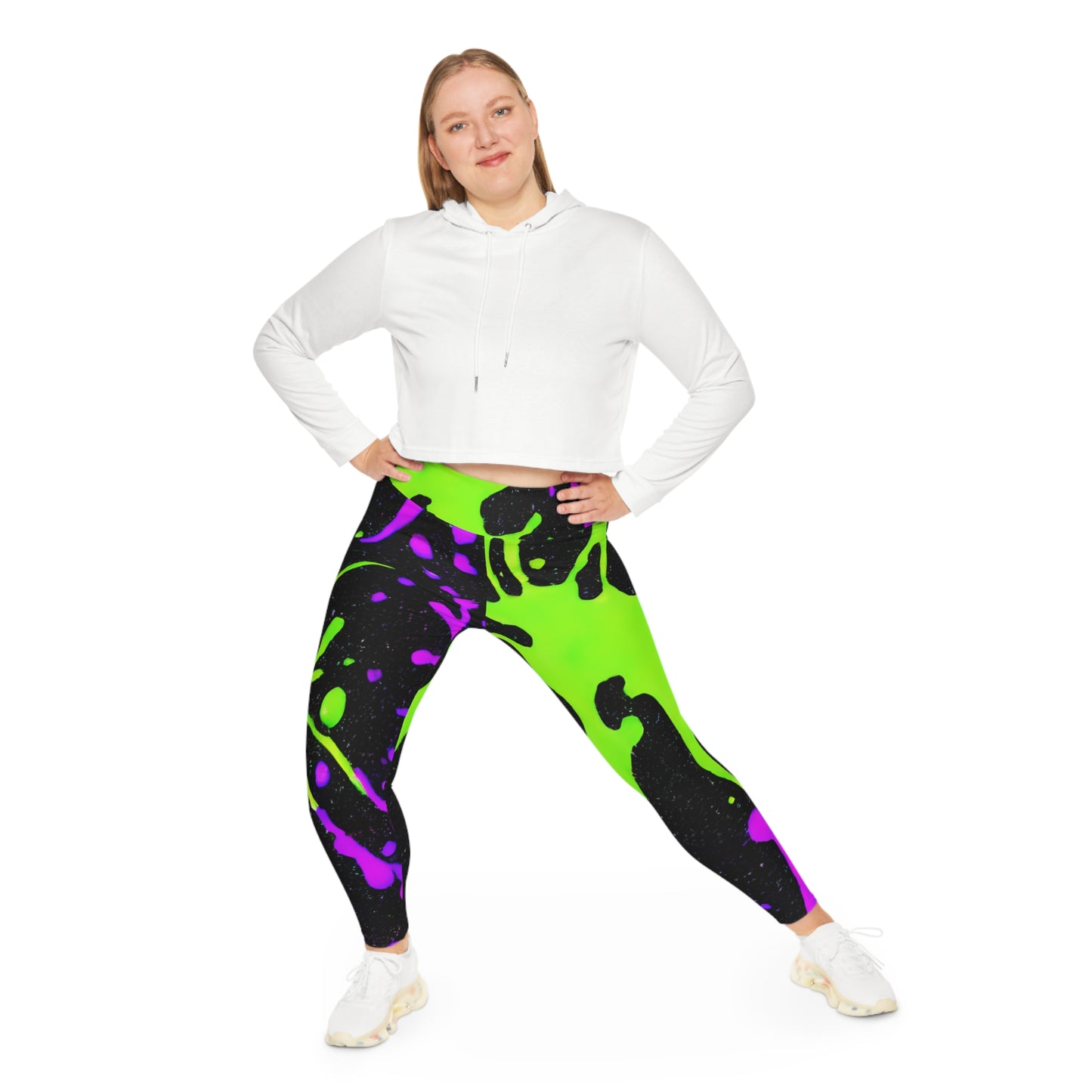 Plus Size Leggings with Green and Pink Paint Splatters (AOP) - Stylish Comfort for Every Curve