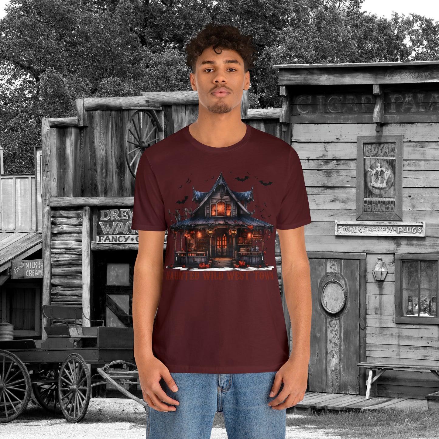 Haunted Wild West Town Halloween Western Unisex Jersey Short Sleeve Tee Gifts for Him Gifts For Her