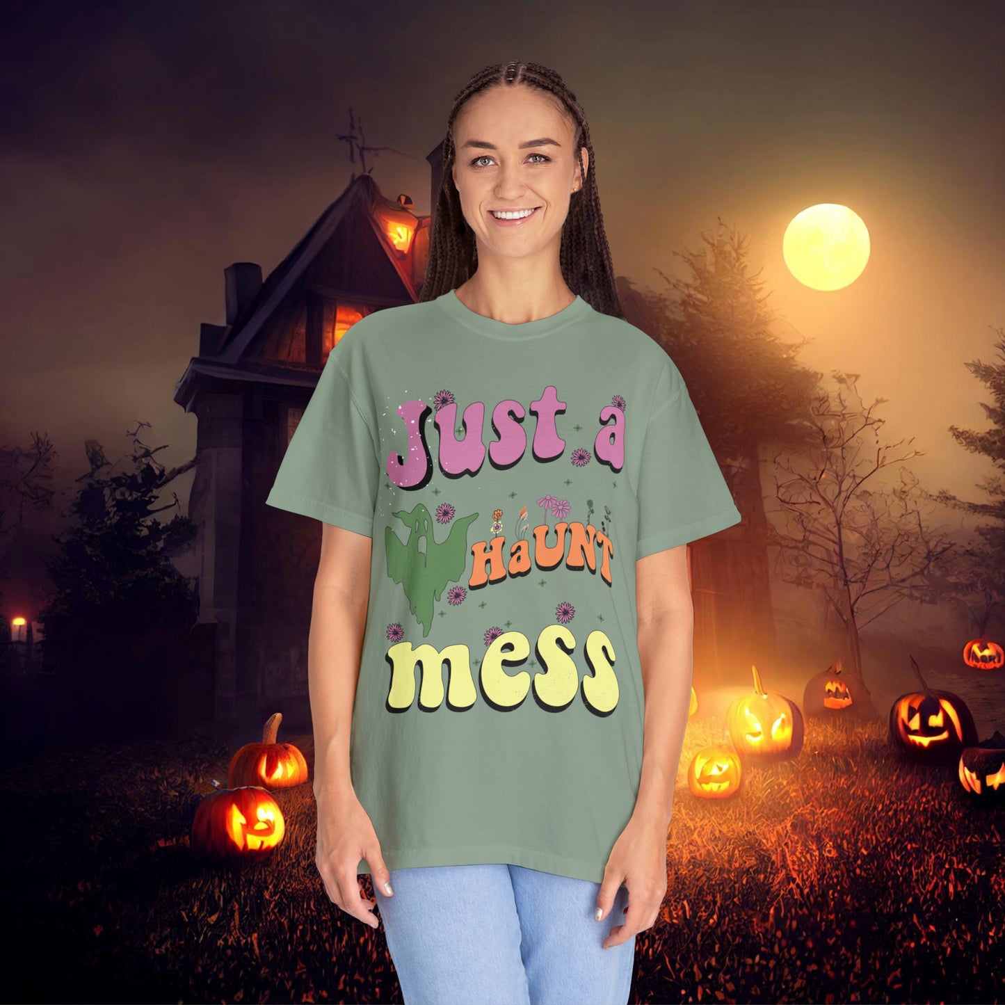 Just a Haunt Mess Retro Halloween Unisex Garment-Dyed T-shirt Gifts for Her Gifts for him