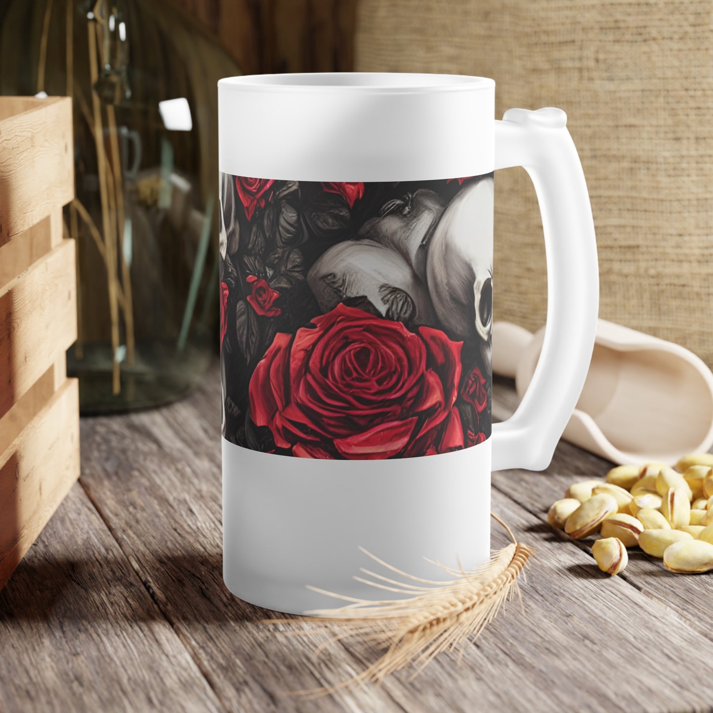 Hyper Realistic Skulls and Red Roses by artist Anne-Laure Goupil Frosted Glass Beer Mug