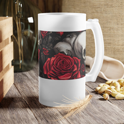 Hyper Realistic Skulls and Red Roses by artist Anne-Laure Goupil Frosted Glass Beer Mug