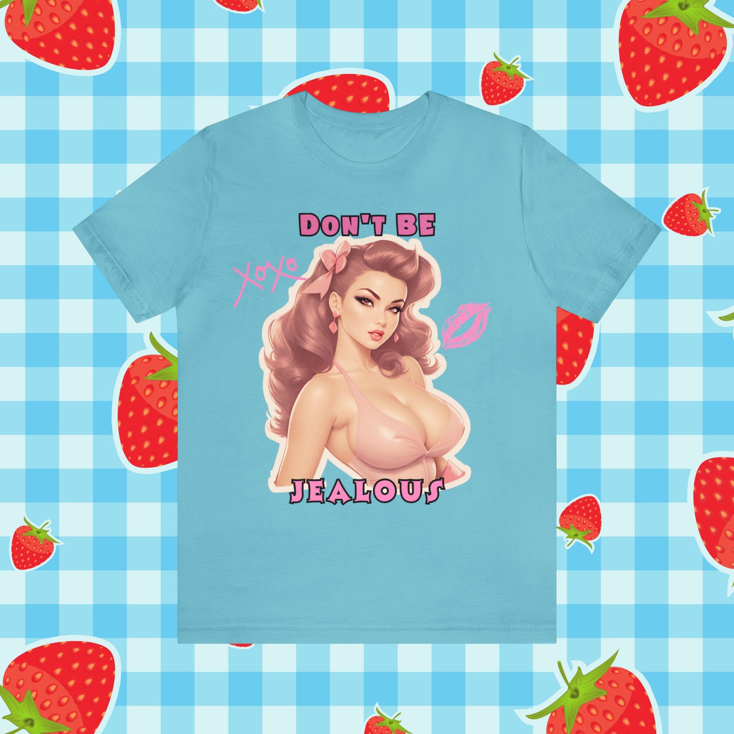 Timeless Elegance: Vintage Pink Pinup Girl "Don't Be Jealous" on a Bella+Canva 3001 Unisex Jersey T-Shirt - A Must-Have Gift for her