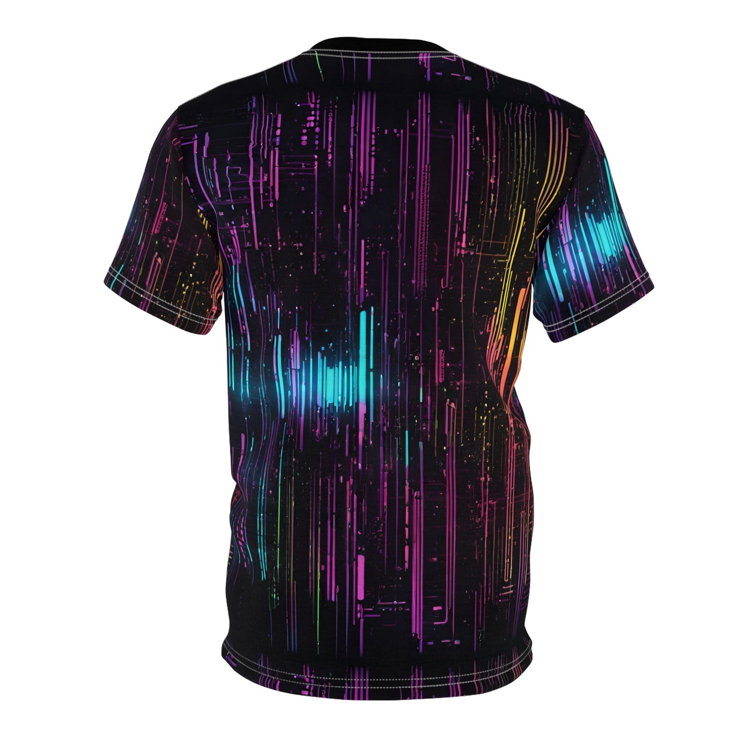 Unisex Cut & Sew Tee (AOP) - Futuristic Neon Lights on Circuit Board Cyberpunk