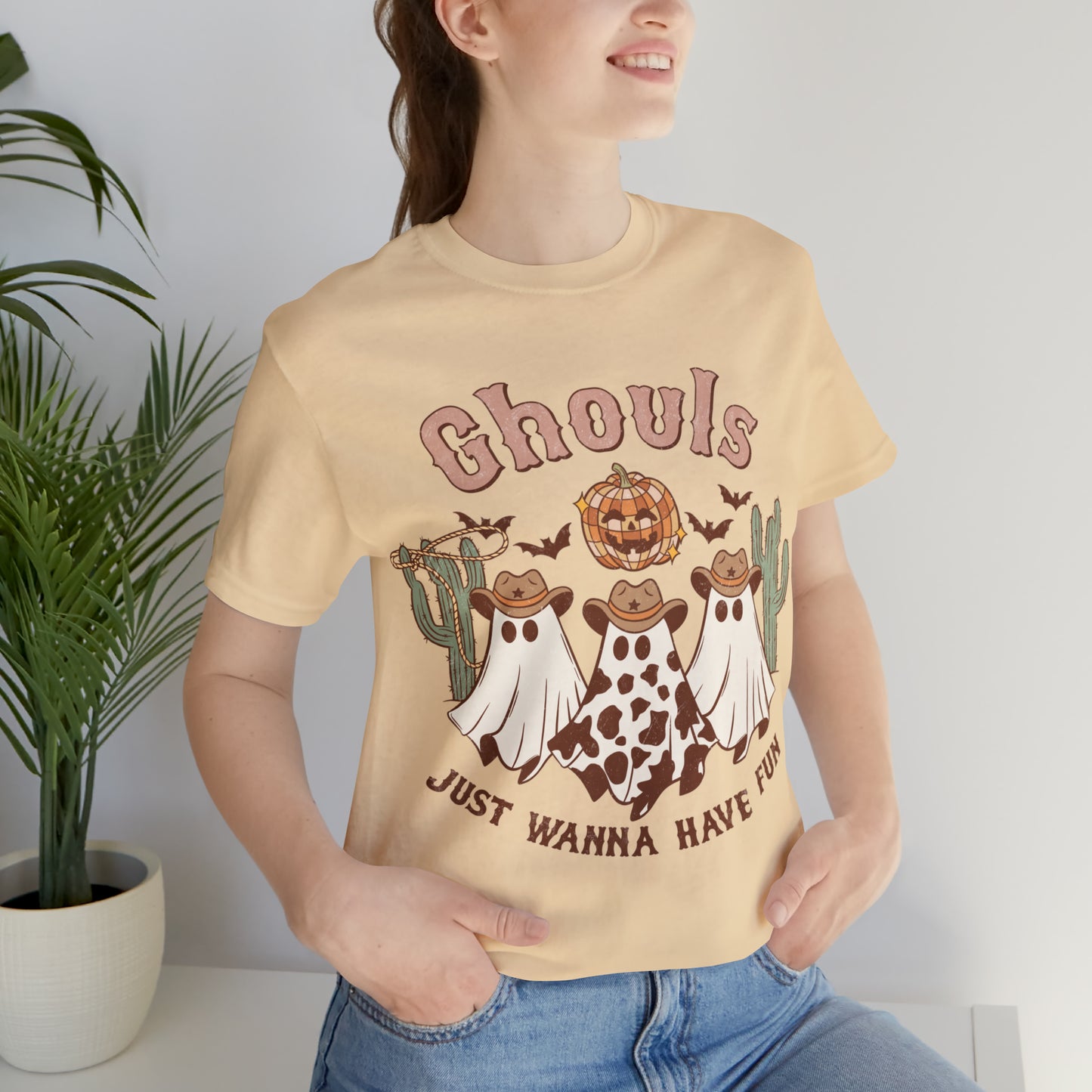 Ghouls Just wanna have fun Cowgirl Ghosts Retro Halloween Unisex Jersey Short Sleeve Tee Gifts for her