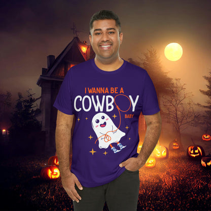 Little Ghost Saying I wanna be a cowboy baby Retro Groovy Western Halloween Unisex Jersey Short Sleeve Tee Gifts for Him Gifts for her.