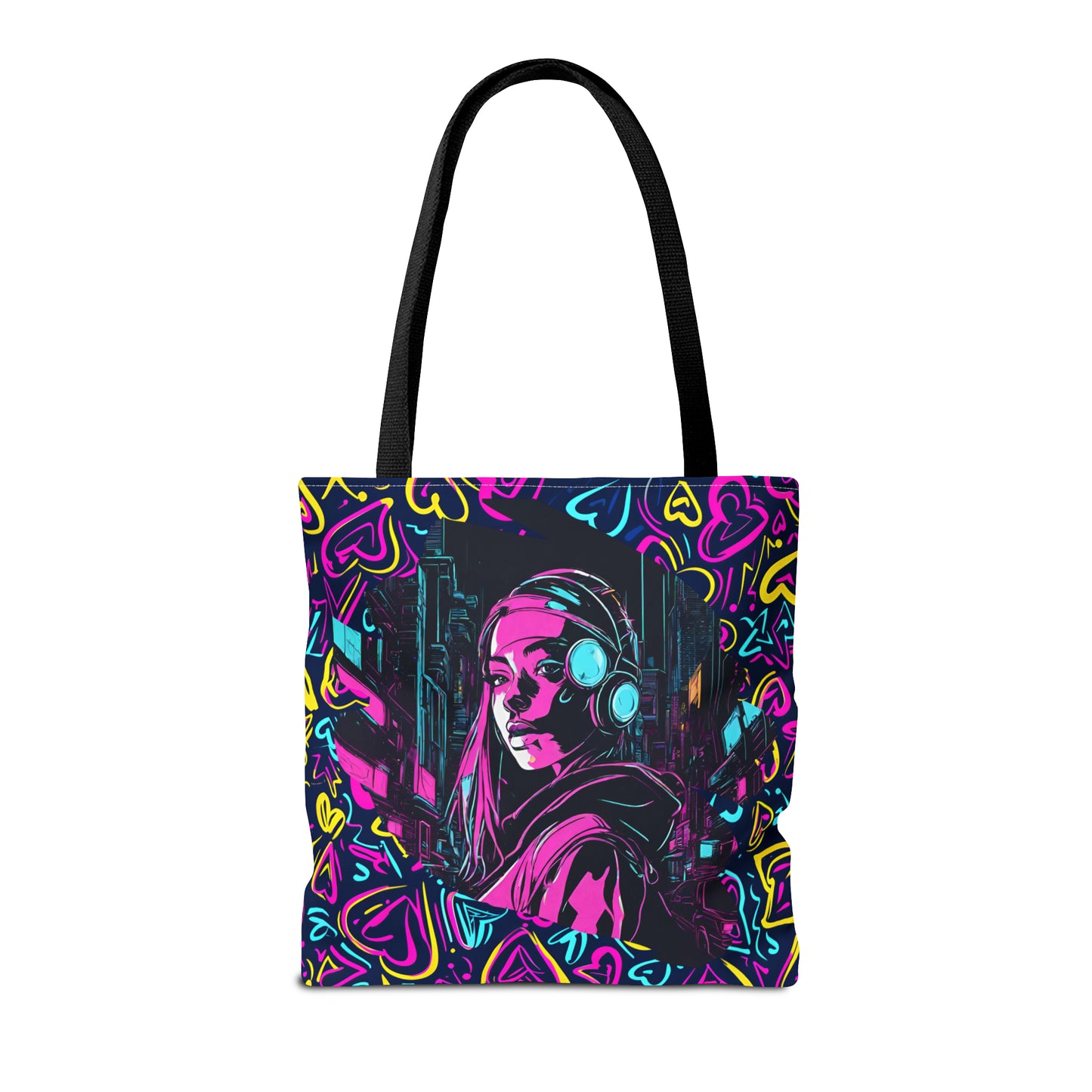 Cyberpunk Girl in Neon Graffiti Hearts AOP Tote Bag 3 sizes 5 color handle options