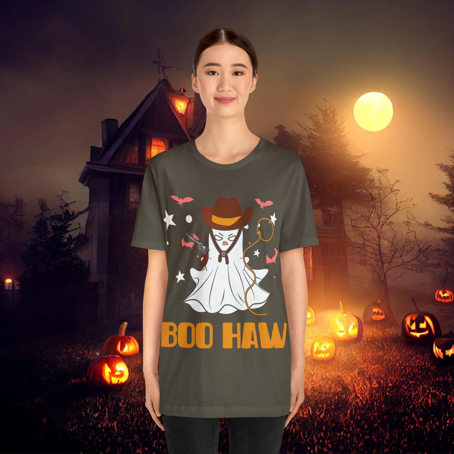 Ghost Cowboy Gunslinger saying Boo Haw Retro Western Halloween Unisex Jersey Short Sleeve Tee Gifts for Her Gifts for Him