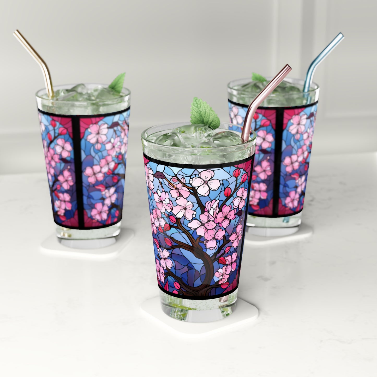 Cherry Blossoms in Full Bloom: A Stained Glass Masterpiece 16oz Pint Glass Gift idea gifts for home decor housewarming gift