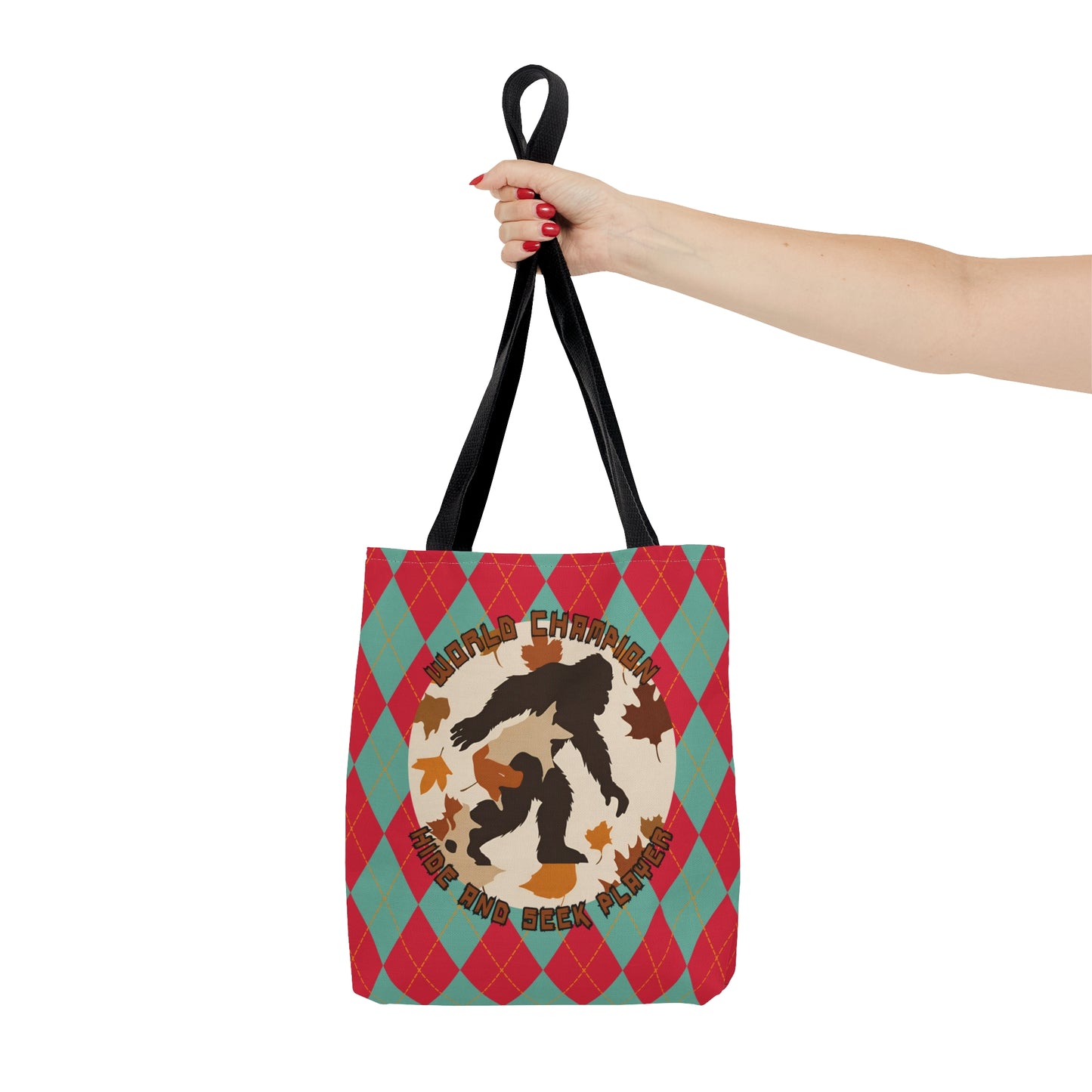 Bigfoot in Fall Leaves Plaid Tote Bag (AOP) - World Champion Hide and Seek Player