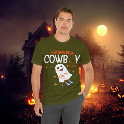 Little Ghost Saying I wanna be a cowboy baby Retro Groovy Western Halloween Unisex Jersey Short Sleeve Tee Gifts for Him Gifts for her.