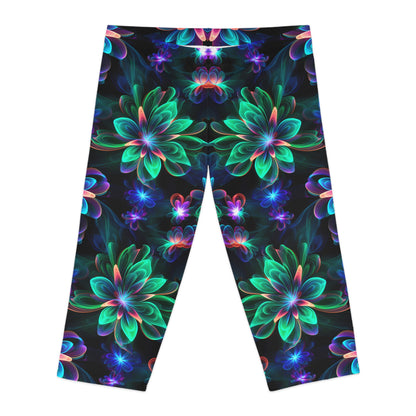 Women's Capri Leggings with Green Neon Flower Pattern - AOP Fitness & Yoga Leggings