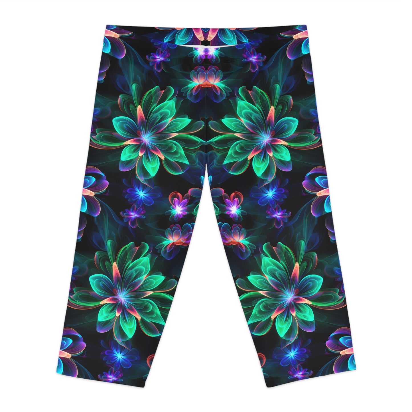 Women's Capri Leggings with Green Neon Flower Pattern - AOP Fitness & Yoga Leggings