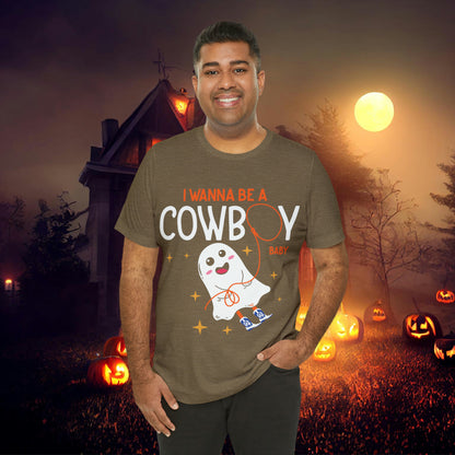 Little Ghost Saying I wanna be a cowboy baby Retro Groovy Western Halloween Unisex Jersey Short Sleeve Tee Gifts for Him Gifts for her.