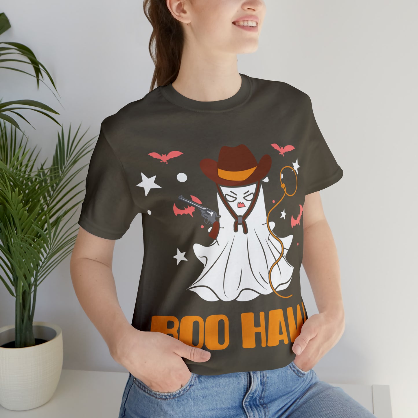 Ghost Cowboy Gunslinger saying Boo Haw Retro Western Halloween Unisex Jersey Short Sleeve Tee Gifts for Her Gifts for Him