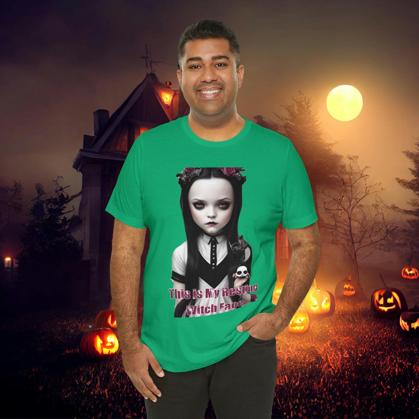 Wednesday Addams Chibi by Charlie Bowater This Is my Resting Witch Face Halloween Unisex Jersey Short Sleeve Tee