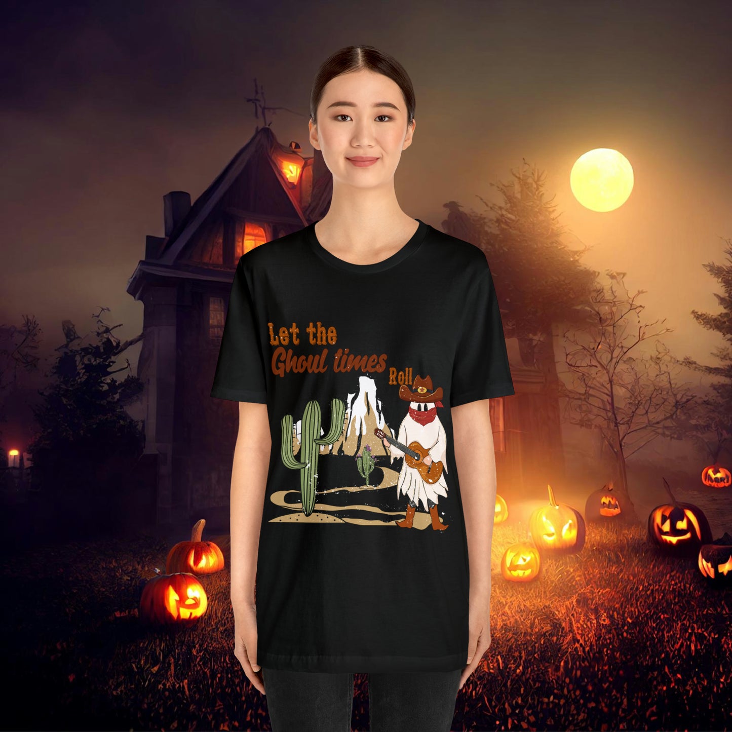 Cowboy Ghost playing the Guitar singing Let the Ghoul times roll Halloween Unisex Jersey Short Sleeve Tee Gifts for him Gifts for Her