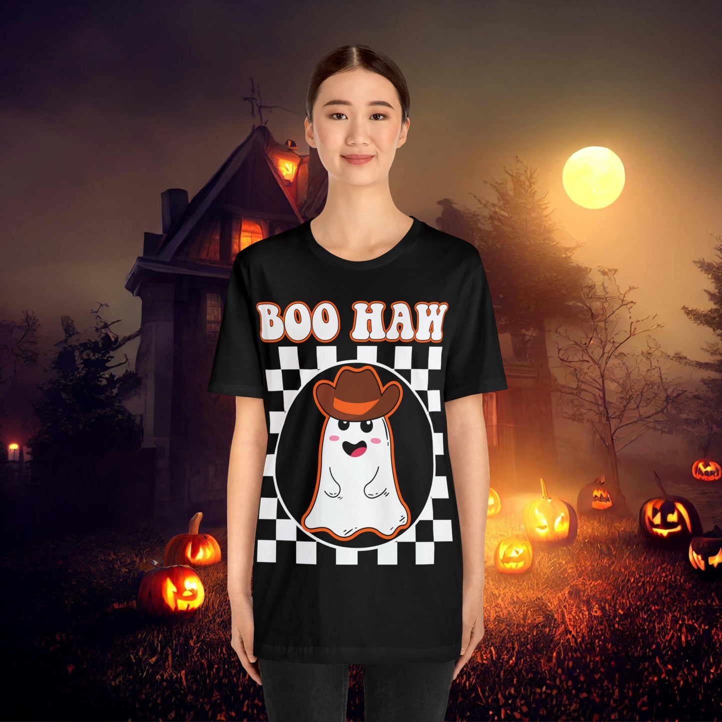 Cute Cowboy Ghost Saying Boo Haw Retro Groovy Western Halloween Unisex Jersey Short Sleeve Tee Gifts for Him Gifts For Her