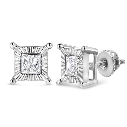 .925 Sterling Silver 1.0 Cttw Miracle Set Princess-cut Diamond Solitaire Stud Earrings (H-I Color, I2-I3 Clarity)