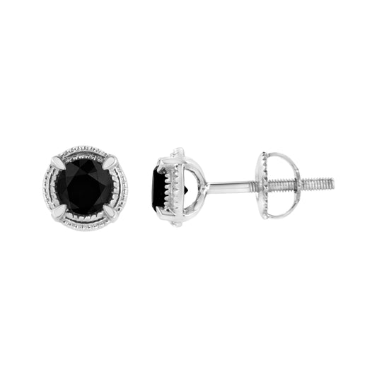 .925 Sterling Silver 1 cttw Treated Black Diamond Modern 4-Prong Solitaire Milgrain Stud Earrings (Black Color, I1-I2 Clarity)