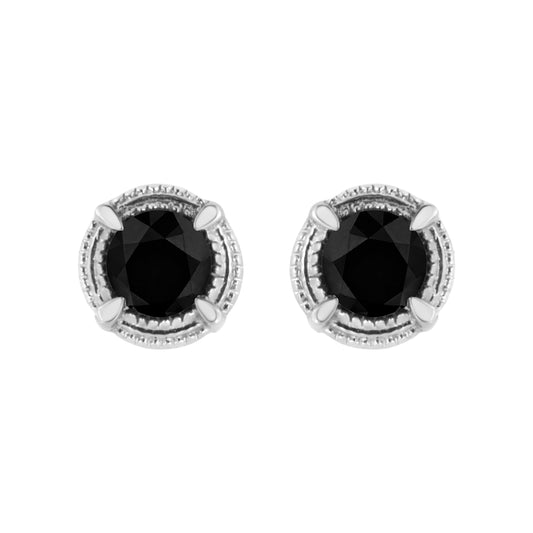 .925 Sterling Silver 1 cttw Treated Black Diamond Modern 4-Prong Solitaire Milgrain Stud Earrings (Black Color, I1-I2 Clarity)