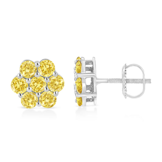 .925 Sterling Silver 1/4 Cttw Treated Yellow Diamond Floral Stud Earrings (Yellow Color, I1-I2 Clarity)