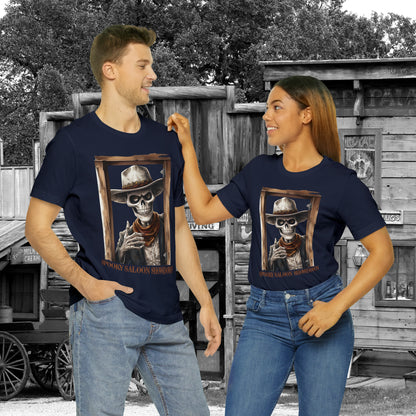 Spooky Saloon Showdown Gunslinging Skeleton Cowboy Halloween Unisex Jersey Short Sleeve Tee