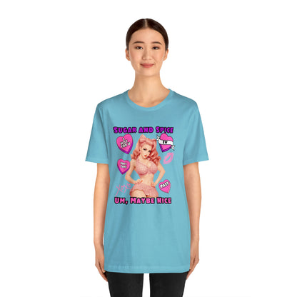 Sarcastic Elegance: Vintage Pink Pinup Girl "Sugar and Spice" on a Bella+Canva 3001 Unisex Jersey T-Shirt - A Must-Have Gift for her