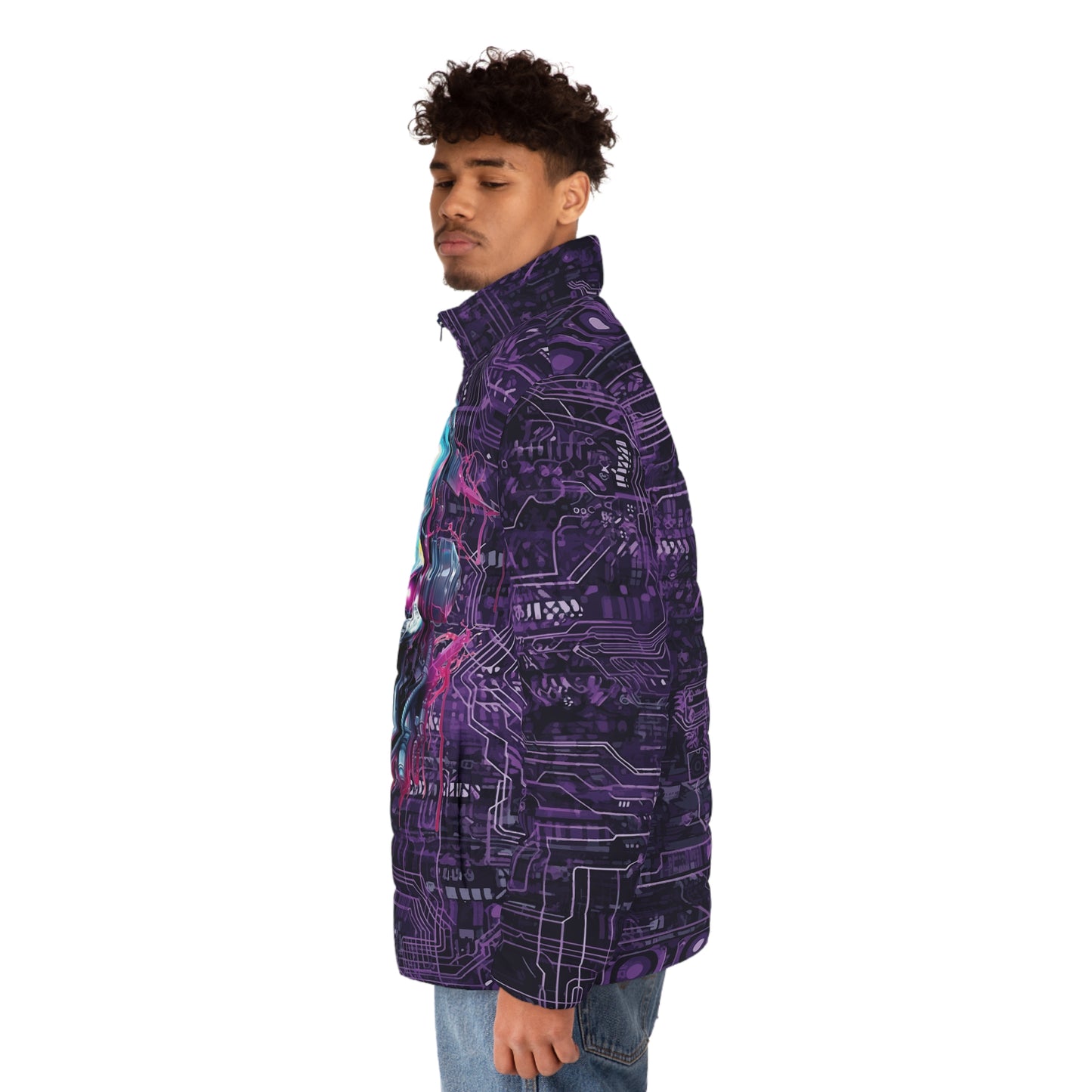 CyberPunk Cybernetic Skull breaking through a Purple Neon Circuit Board Men's Puffer Jacket (AOP)