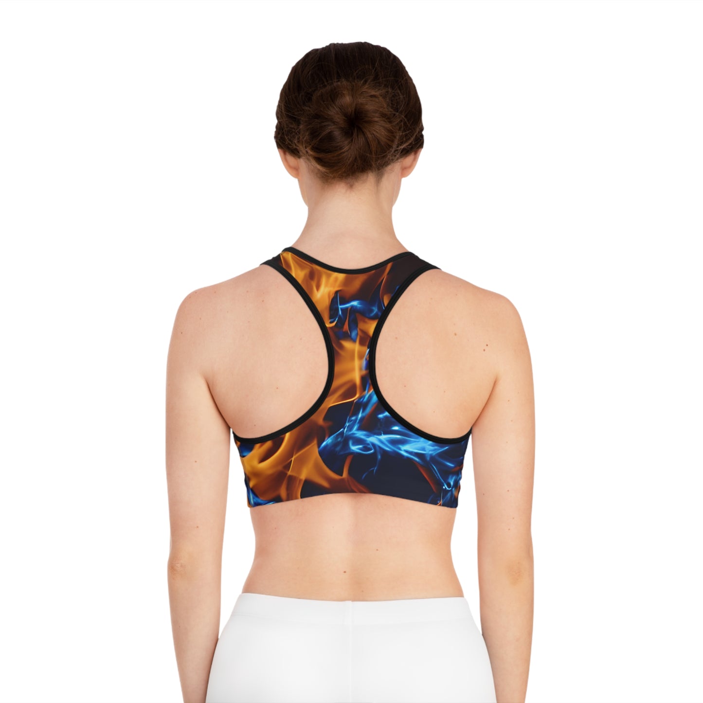 Blue and Orange Flame All Over Print (AOP) Sports Bra - Ignite Your Workout Style