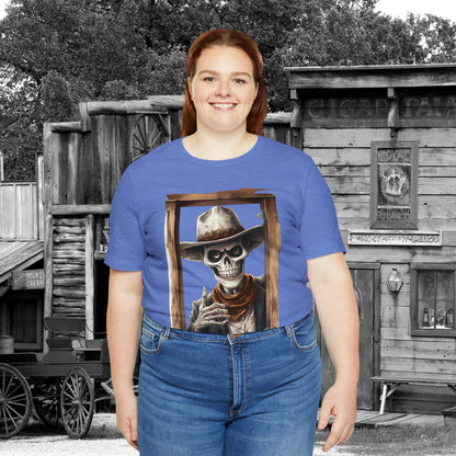 Spooky Saloon Showdown Gunslinging Skeleton Cowboy Halloween Unisex Jersey Short Sleeve Tee