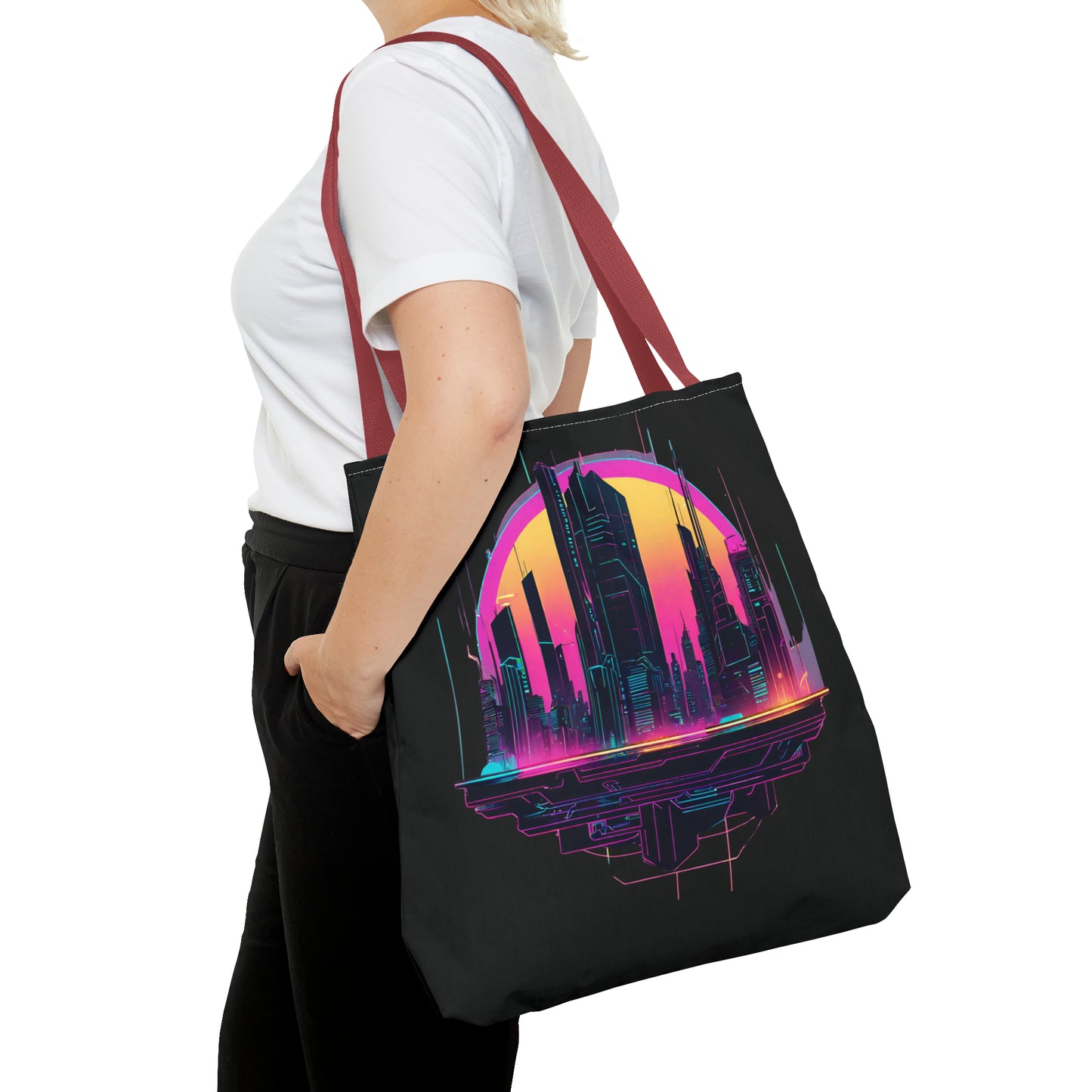 Cyberpunk City Landscape AOP Tote Bag 3 sizes 5 color handle options