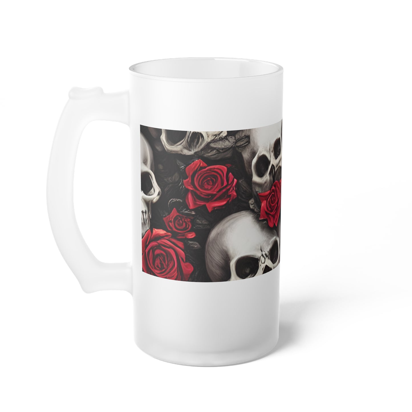 Hyper Realistic Skulls and Red Roses by artist Anne-Laure Goupil Frosted Glass Beer Mug