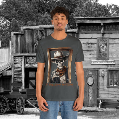 Spooky Saloon Showdown Gunslinging Skeleton Cowboy Halloween Unisex Jersey Short Sleeve Tee
